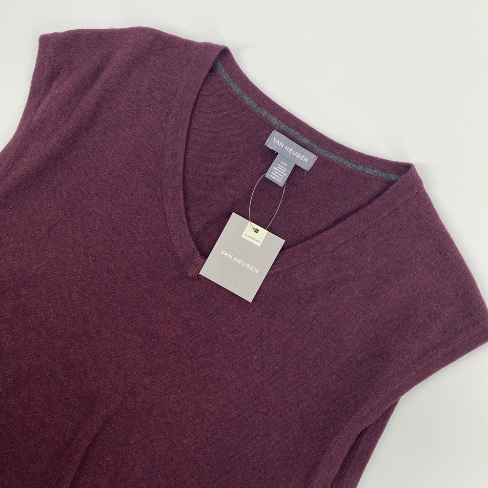 NEW Van Heusen Sweater Vest Mens Large Burgundy V Neck Classic Fit